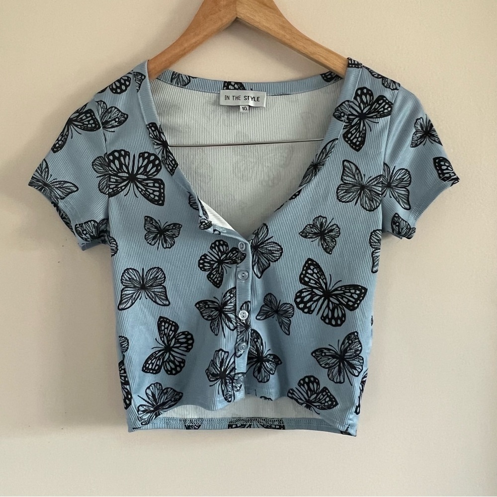 Blue Butterfly Crop Top Ribbed Button Front Y2K Festival Going Out US 6